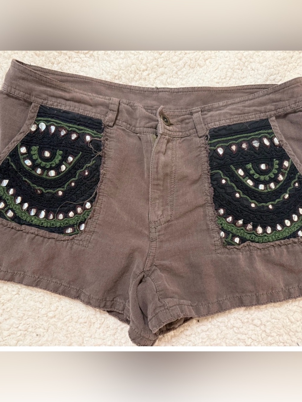 Free People Taupe High-Waist Shorts with Embroidered Black & Green Pockets